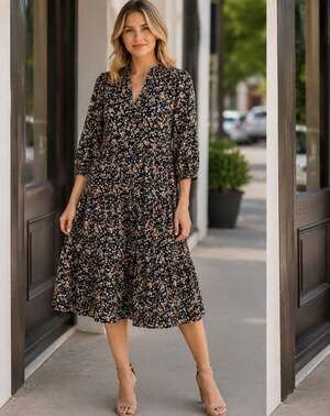 Entro Black Floral Midi Dress Dark Cottagecore Boho‎ Tiered Size S